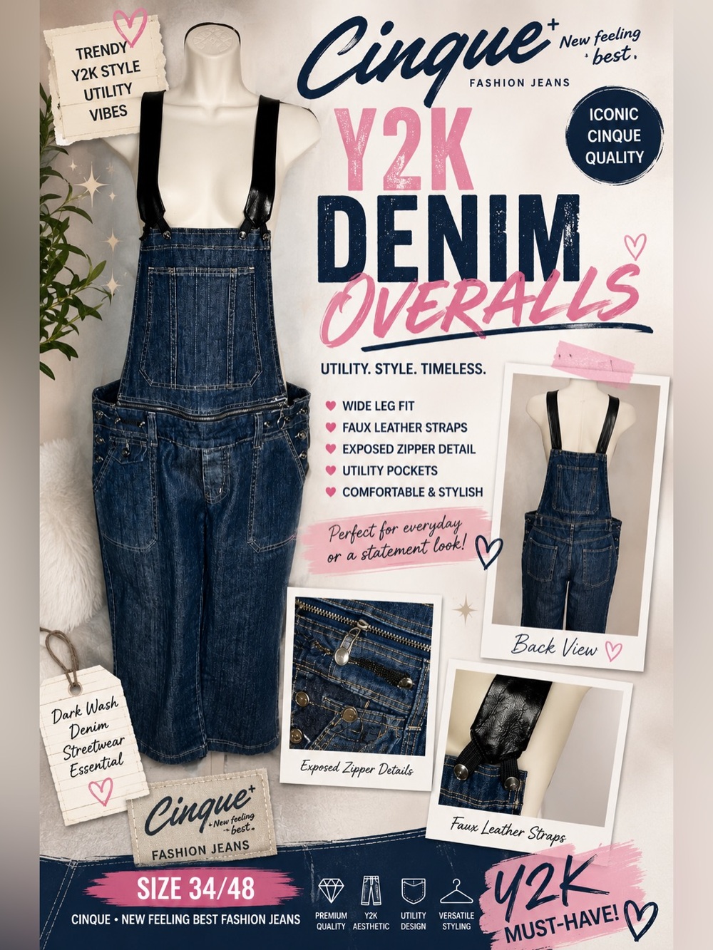 Cinque Denim Bib Overall Cropped Wide Leg Jeans Size 34/48